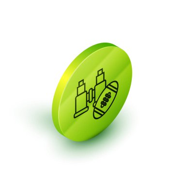 İzometrik çizgi Dürbün ve amerikan futbol topu simgesi beyaz arka plan üzerinde izole. Yazılım işaretini bulun. Casus ekipman sembolü. Yeşil daire düğmesi. Vektör İllüstrasyonu