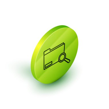 Beyaz arka planda yalıtılmış klasör simgesiyle İzometrik çizgi Arama kavramı. Büyüteç ve belge. Veri ve bilgi işareti. Yeşil daire düğmesi. Vektör İllüstrasyonu