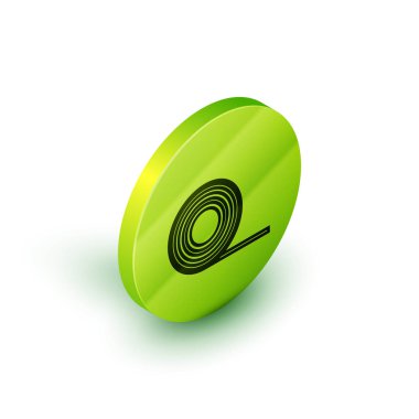 İzometrik çizgi Scotch simgesi beyaz arka plan üzerinde izole. İş ve onarım için yapıştırıcı bant rulo. Yapışkan ambalaj bandı. Ofis aleti ve diğer şeyler. Yeşil daire düğmesi. Vektör İllüstrasyonu