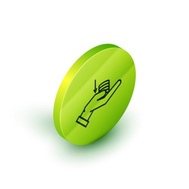 Beyaz arka planda yalıtılmış el deki İzometrik satır Para simgesi. Palm aşağı ile nakit tutar. Nakit maaş düşüşü. Yeşil daire düğmesi. Vektör İllüstrasyonu