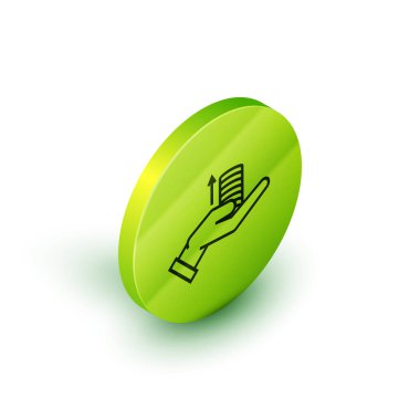 Beyaz arka planda yalıtılmış el deki İzometrik satır Para simgesi. Palm ok yukarı nakit tutar. Nakit maaş artışı. Yükselen fiyatlar. Yeşil daire düğmesi. Vektör İllüstrasyonu