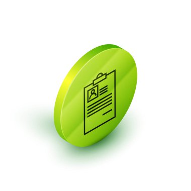 Beyaz arka planda izole edilmiş özgeçmiş simgesine sahip İzometrik çizgi Panosu. Cv başvurusu. Özgeçmiş, profil fotoğrafı ile iş başvuru formu. Yeşil daire düğmesi. Vektör İllüstrasyonu