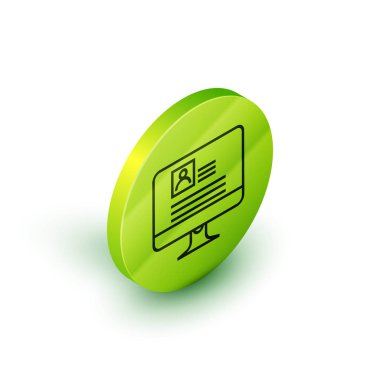 İzometrik hat Beyaz arka planda izole özgeçmiş simgesi ile Bilgisayar monitörü. Cv başvurusu. Profesyonel personel aranıyor. Analiz personel devam. Yeşil daire düğmesi. Vektör İllüstrasyonu