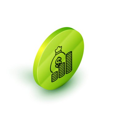 İzometrik hat Para çantası ve sikke simgesi beyaz arka plan üzerinde izole. Dolar veya Usd sembolü. Nakit Bankacılık para birimi işareti. Yeşil daire düğmesi. Vektör İllüstrasyonu