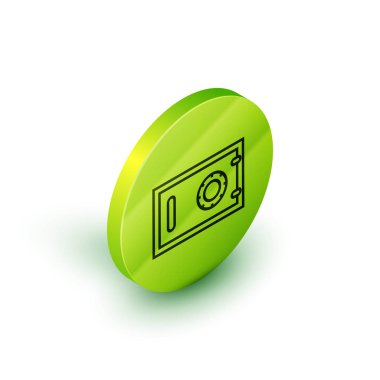 İzometrik çizgi Beyaz arka planda yalıtılmış güvenli simge. Kapı kasası, kombine kilidi olan bir banka kasası. Güvenilir veri koruması. Yeşil daire düğmesi. Vektör İllüstrasyonu