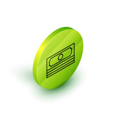 İzometrik çizgi Beyaz arka planda yalıtılmış kağıt para nakit simgesini istifler. Para banknotları yığınları. Fatura para birimi. Yeşil daire düğmesi. Vektör İllüstrasyonu