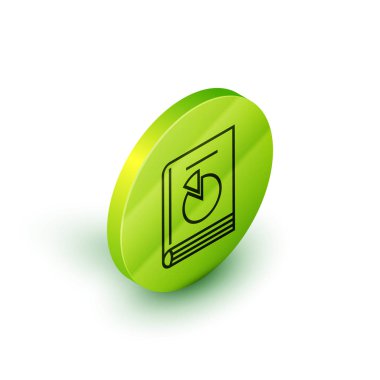 İzometrik hat Beyaz arka planda yalıtılmış kullanım kılavuzu simgesi. Kullanım kılavuzu kitabı. Talimat işareti. Kullanmadan önce okuyun. Yeşil daire düğmesi. Vektör İllüstrasyonu