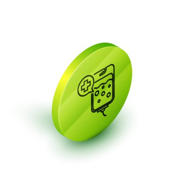 İzometrik hat Iv çanta simgesi beyaz arka plan üzerinde izole. Kan torbası simgesi. Bağış kan kavramı. Tedavi ve tedavi kavramı, kemoterapi. Yeşil daire düğmesi. Vektör İllüstrasyonu