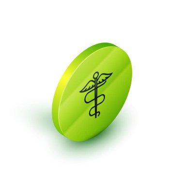 İzometrik çizgi Caduceus yılan tıbbi sembol simgesi beyaz arka plan üzerinde izole. Tıp ve sağlık hizmetleri. Eczane veya ilaç, eczane için amblem. Yeşil daire düğmesi. Vektör İllüstrasyonu