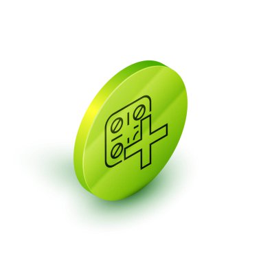 Beyaz arka planda izole blister paketi simgesinde İzometrik çizgi Pills. Tablet vitamini, antibiyotik, aspirin için tıbbi ilaç paketi. Yeşil daire düğmesi. Vektör İllüstrasyonu