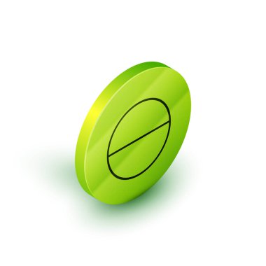 İzometrik hat Tıp hapı veya tablet simgesi beyaz arka plan üzerinde izole. Kapsül hapı ve ilaç işareti. Eczane tasarımı. Yeşil daire düğmesi. Vektör İllüstrasyonu