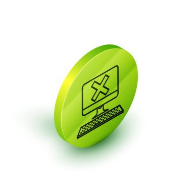 Beyaz arka planda yalıtılmış klavye ve x işareti simgesine sahip izometrik çizgi Bilgisayar. Hata penceresi, çıkış düğmesi, iptal, 404 hata sayfası kavramı bulunamadı. Yeşil daire düğmesi. Vektör İllüstrasyonu