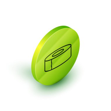 İzometrik çizgi Scotch simgesi beyaz arka plan üzerinde izole. İş ve onarım için yapıştırıcı bant rulo. Yapışkan ambalaj bandı. Ofis aleti ve diğer şeyler. Yeşil daire düğmesi. Vektör İllüstrasyonu