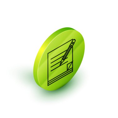 İzometrik çizgi Boş defter ve beyaz arka plan üzerinde izole silgi simgesi ile kalem. Kağıt ve kalem. Yeşil daire düğmesi. Vektör İllüstrasyonu