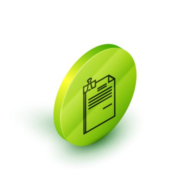 İzometrik çizgi Dosya belgesi ve beyaz arka planda yalıtılmış bağlayıcı klip simgesi. Denetim listesi simgesi. İş konsepti. Yeşil daire düğmesi. Vektör İllüstrasyonu