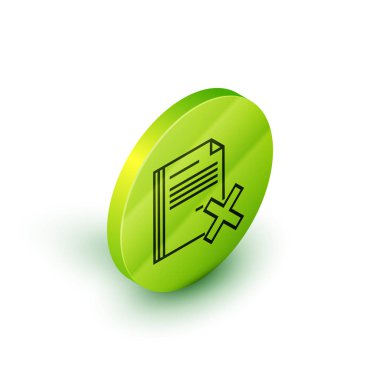 İzometrik satır Beyaz arka planda yalıtılmış dosya belge simgesini silin. Reddedilen belge simgesi. Kağıt üzerinde çapraz. Yeşil daire düğmesi. Vektör İllüstrasyonu