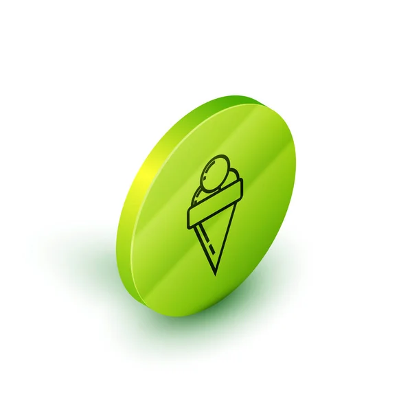 Isometric line Ice cream in waffle cone icon isolated on white background. Sweet symbol. Green circle button. Vector Illustration — Stock Vector