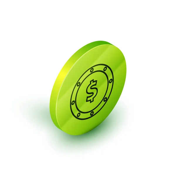 Ligne isométrique Monnaie monnaie avec symbole dollar icône isolée sur fond blanc. Signe de devise bancaire. Symbole cash. Bouton rond vert. Illustration vectorielle — Image vectorielle