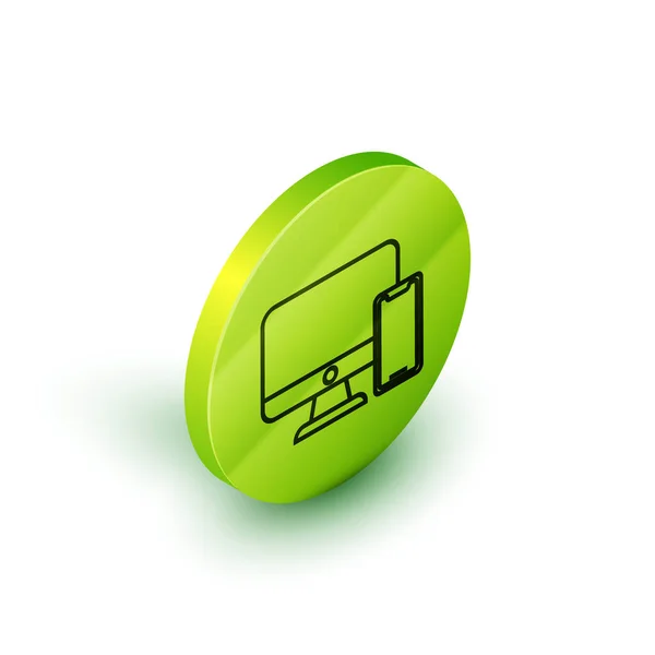 アイソメトリックライン コンピュータモニターと携帯電話のアイコンは、白い背景に分離されています。インターネット、マーケティングでの収益。緑色の円ボタン。ベクトルイラストレーション — ストックベクタ