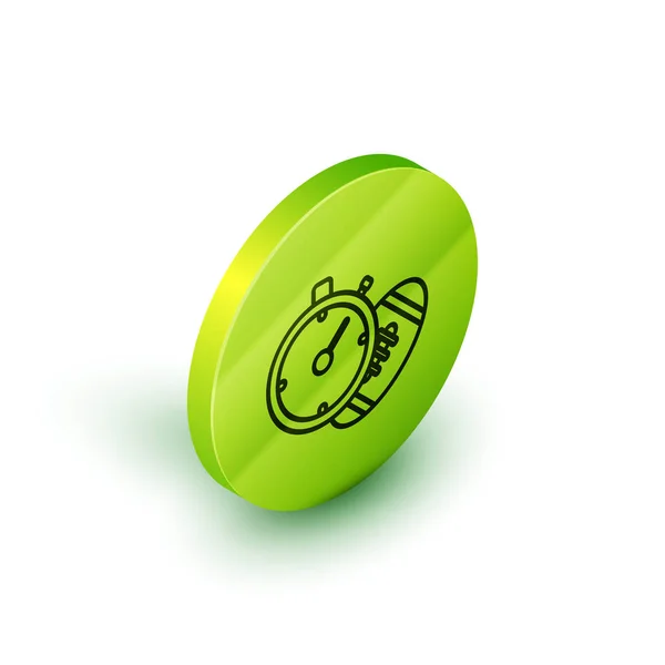 アイソメラインアメリカンフットボールボールとストップウォッチアイコンは、白い背景に分離されています。スポーツ用品のセット。緑色の円ボタン。ベクトルイラストレーション — ストックベクタ
