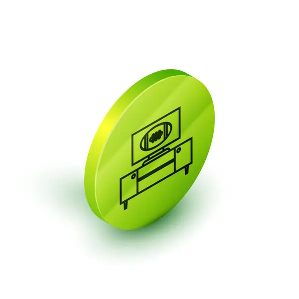 Linha isométrica de futebol americano no programa de tv e stand ícone isolado no fundo branco. Botão de círculo verde. Ilustração vetorial — Vetor de Stock