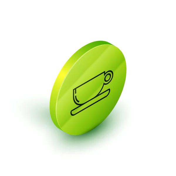 Linha isométrica Xícara de café ícone plano isolado no fundo branco. Uma chávena. Café quente. Botão de círculo verde. Ilustração vetorial —  Vetores de Stock