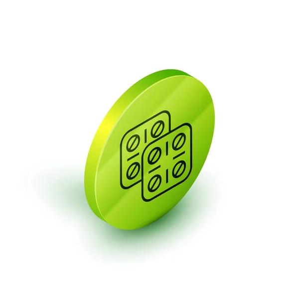 Linha isométrica Pills in blister pack icon isolated on white background. Pacote de drogas médicas para a vitamina tablet, antibiótico, aspirina. Botão de círculo verde. Ilustração vetorial — Vetor de Stock