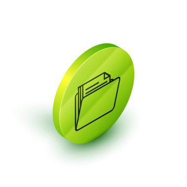 İzometrik çizgi Belge klasör ükonu beyaz arka planda yalıtılmış. Muhasebe bağlayıcı sembolü. Muhasebe yönetimi. Yeşil daire düğmesi. Vektör İllüstrasyonu