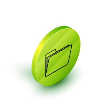 İzometrik çizgi Belge klasör ükonu beyaz arka planda yalıtılmış. Muhasebe bağlayıcı sembolü. Muhasebe yönetimi. Yeşil daire düğmesi. Vektör İllüstrasyonu