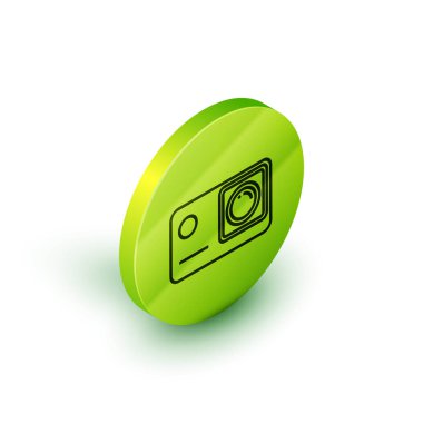 İzometrik çizgi Beyaz arka planda yalıtılmış Action extreme kamera simgesi. Ekstrem sporları çekmek için video kamera ekipmanları. Yeşil daire düğmesi. Vektör İllüstrasyonu