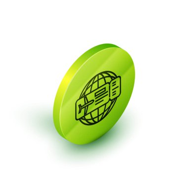 İzometrik hat Havayolu bilet simgesi beyaz arka plan üzerinde izole. Uçak bileti. Yeşil daire düğmesi. Vektör İllüstrasyonu