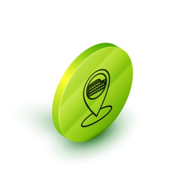 Roma'da Coliseum ile izometrik çizgi Harita işaretçisi, İtalya simgesi beyaz arka plan üzerinde izole. Kolezyum işareti. Antik Roma'nın sembolü, gladyatör dövüşleri. Yeşil daire düğmesi. Vektör İllüstrasyonu