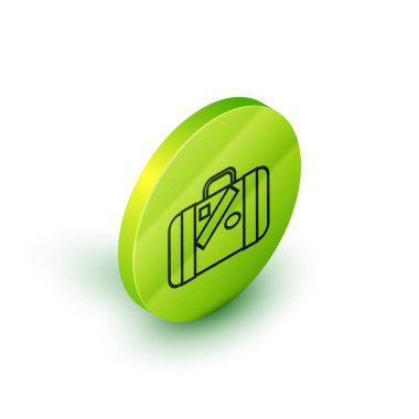 Seyahat ve beyaz arka plan üzerinde izole çıkartmalar simgesi için İzometrik çizgi Bavul. Seyahat bagaj işareti. Seyahat bagaj simgesi. Yeşil daire düğmesi. Vektör İllüstrasyonu