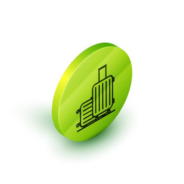 Beyaz arka planda izole edilmiş seyahat simgesi için İzometrik çizgi Bavul. Seyahat bagaj işareti. Seyahat bagaj simgesi. Yeşil daire düğmesi. Vektör İllüstrasyonu