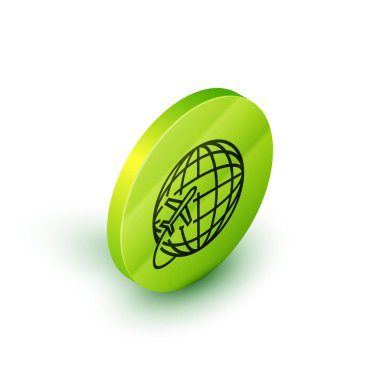 Beyaz arka plan üzerinde izole uçan düzlem simgesi ile izometrik çizgi Globe. Uçak dünya gezegeninin etrafında uçar. Uçak dünya simgesi. Yeşil daire düğmesi. Vektör İllüstrasyonu