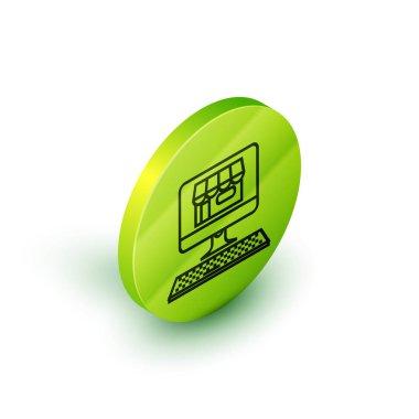 Beyaz arka planda yalıtılmış ekran bilgisayar simgesi üzerinde İzometrik çizgi Alışveriş binası. Konsept e-ticaret, e-iş, online iş pazarlama. Yeşil daire düğmesi. Vektör İllüstrasyonu