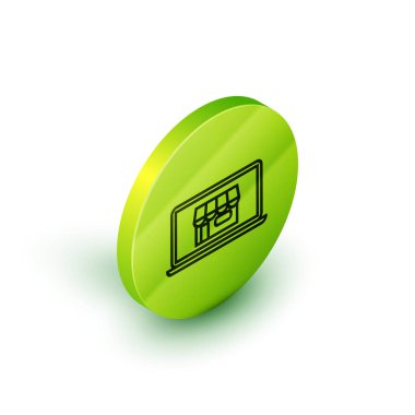 Beyaz arka planda yalıtılmış ekran dizüstü bilgisayar simgesi üzerinde İzometrik çizgi Alışveriş binası. Konsept e-ticaret, e-iş, online iş pazarlama. Yeşil daire düğmesi. Vektör İllüstrasyonu