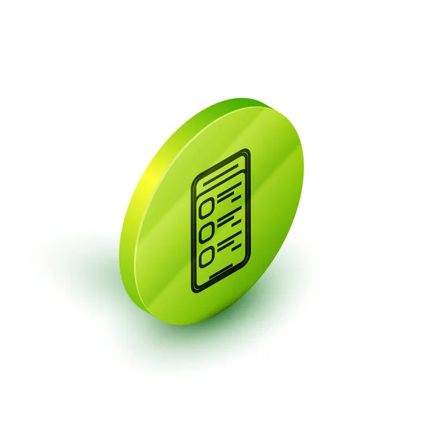 Ισομετρική γραμμή online αγορές στο εικονίδιο του κινητού τηλεφώνου απομονωθεί σε λευκό φόντο. Ηλεκτρονικές αγορές. Διαδικτυακό κατάστημα, εφαρμογή για κινητές συσκευές και χρέωση πληρωμών. Κουμπί πράσινου κύκλου. Απεικόνιση διανυσματικών φορέων — Διανυσματικό Αρχείο