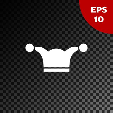 Şeffaf koyu arka plan üzerinde izole çanile Beyaz Jester şapka. Palyaço simgesi. Lunapark komik adam işareti. Vektör İllüstrasyonu