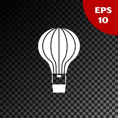 Beyaz sıcak hava balonu simgesi şeffaf koyu arka planda izole. Seyahat için hava taşımacılığı. Vektör Illustration