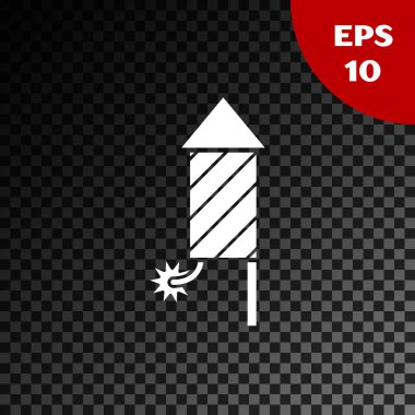 Beyaz Havai Fişek roket simgesi şeffaf koyu arka plan üzerinde izole. Eğlenceli parti kavramı. Patlayıcı piroteknik sembol. Vektör İllüstrasyonu