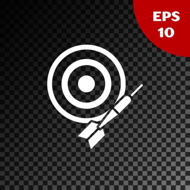 Beyaz Klasik dart tahtası ve ok simgesi şeffaf koyu arka plan üzerinde izole. Dart tahtası işareti. Oyun konsepti. Vektör İllüstrasyonu