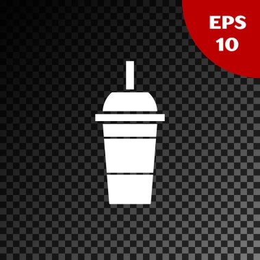 Beyaz kağıt cam içme saman ve su simgesi şeffaf koyu arka planda izole. Soda içecek bardağı. Taze soğuk içecek sembolü. Vektör Illustration