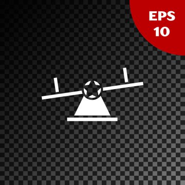 Saydam koyu arka planda yalıtılmış Beyaz Seesaw simgesi. Teeter eşit tahta. Oyun alanı sembolü. Vektör İllüstrasyonu