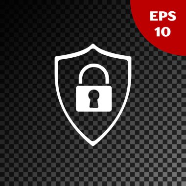 Saydam koyu arka plan üzerinde izole edilmiş kilit simgesine sahip Beyaz Kalkan güvenliği. Koruma, güvenlik, şifre güvenliği. Güvenlik duvarı erişim gizlilik işareti. Vektör İllüstrasyonu