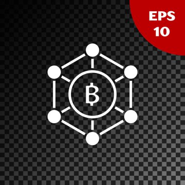 Beyaz Blockchain teknolojisi Bitcoin simgesi şeffaf koyu arka plan üzerinde izole. Soyut geometrik blok zincir ağ teknolojisi iş. Vektör İllüstrasyonu