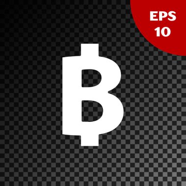 Beyaz Cryptocurrency sikke Bitcoin simgesi şeffaf koyu arka plan üzerinde izole. Fiziksel biraz para. Blockchain tabanlı güvenli kripto para birimi. Vektör İllüstrasyonu
