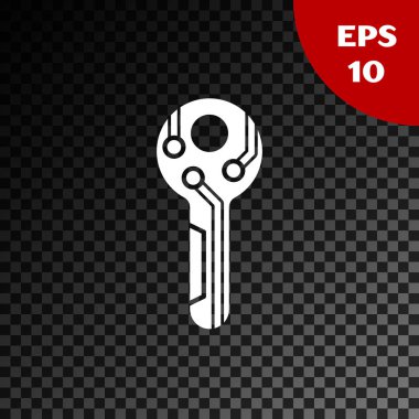 Saydam koyu arka planda yalıtılmış Beyaz Cryptocurrency anahtar simgesi. Siber güvenlik veya özel anahtar kavramı, teknoloji arayüzü ile dijital anahtar. Vektör İllüstrasyonu