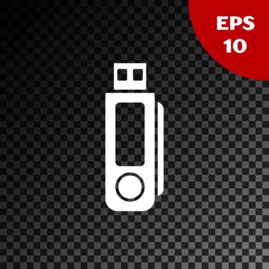 Beyaz USB flash sürücü simgesi şeffaf koyu arka planda yalıtılmış. Vektör Illustration