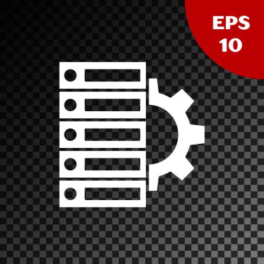 Beyaz Sunucu ve dişli simgesi saydam koyu arka plan üzerinde yalıtılmış. Uygulama, servis konsepti, ayar seçenekleri, bakım, onarım, sabitleme ayarlama. Vektör İllüstrasyonu